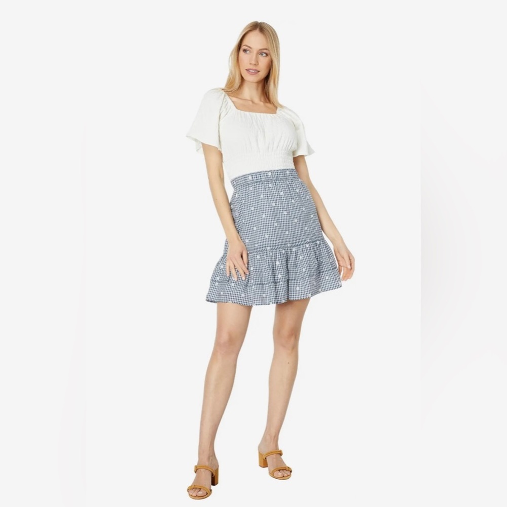 NWT Madewell Embroidered Tiered Pull-On Mini Skirt in Gingham Check, size L